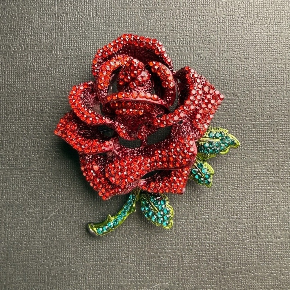 Red Rose Brooch Pendant Rhinestone Flower Green Leaf Statement Alloy Jewelry